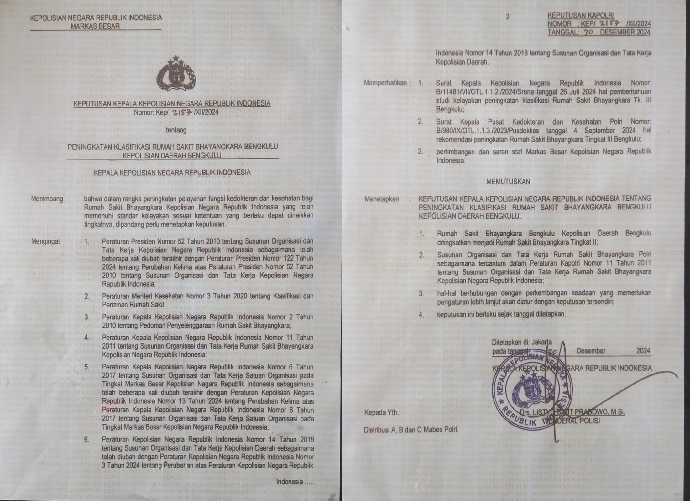 Rs Bhayangkara Bengkulu Resmi menjadi Rumah Sakit TK II